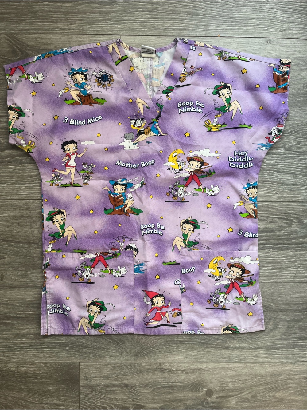 Betty Boop Purple Short Sleeve Double Pocket Cartoon Healthcare Scrub Top XS